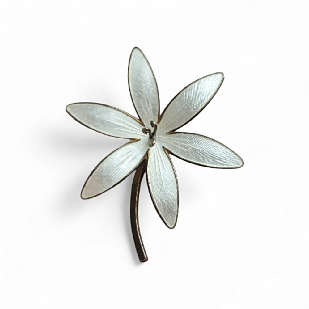 Vintage Hroar Prydz Sterling Silver Guilloche White Enamel Flower Brooch